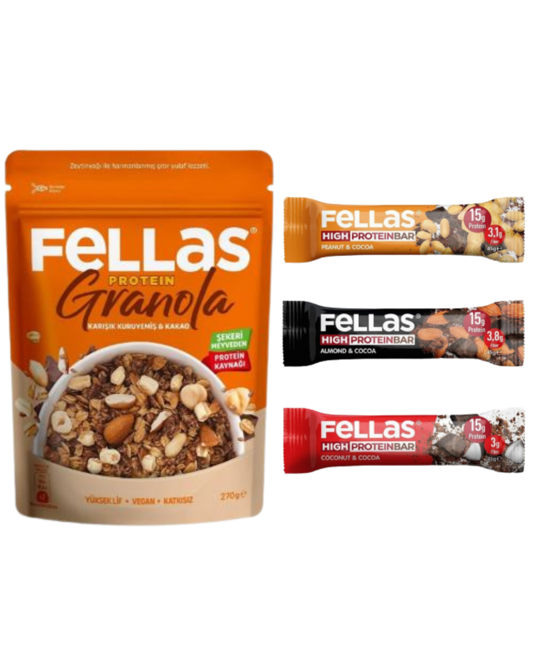 Vegan Protein Granola -Karışık Kuruyemiş & Kakao 270g- Protein Bar 3'lü Set